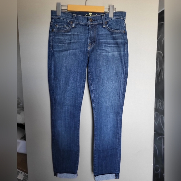 7 For All Mankind Blue Skinny Crop & Roll Jeans, Size 27 X 26 Inseam - Picture 2 of 5